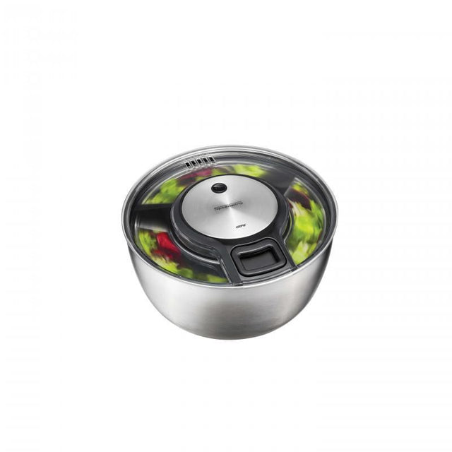 Stainless steel salad spinner with cable pull, 5L capacity, high-speed drying and integrated pouring spout, dishwasher-safe.