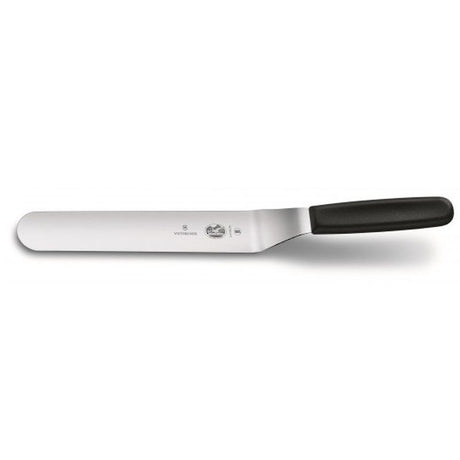 Offset spatula with flexible stainless steel blade and black polypropylene handle, ideal for flipping and spreading in the kitchen.