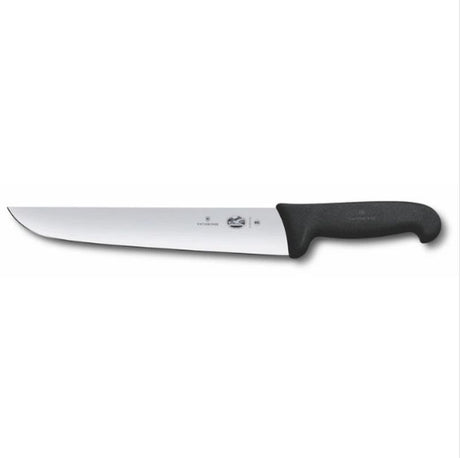 Victorinox 23cm butcher knife with Fibrox Black handle, precision blade for meat cutting and ergonomic non-slip grip.