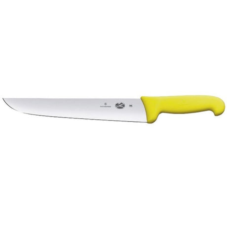 Victorinox 16cm butcher's knife with yellow Fibrox handle, designed for precision cutting in culinary and butchery tasks.