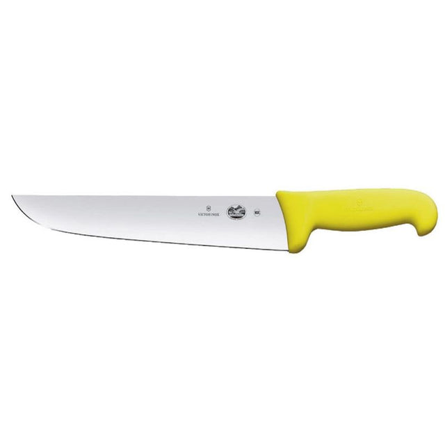 Victorinox 18cm butcher's knife with Fibrox yellow handle, featuring a straight back blade for precision and slip-resistant grip.