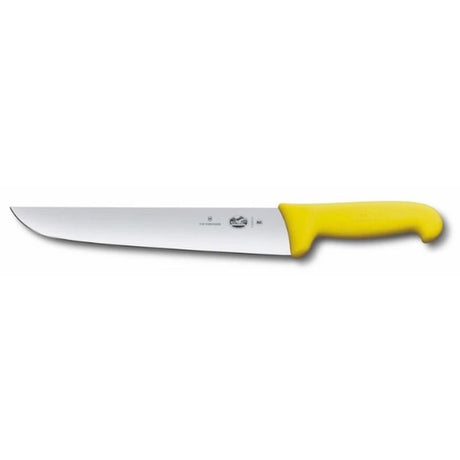 Victorinox 20cm butcher knife with a yellow Fibrox handle, designed for comfort and exceptional slicing performance.