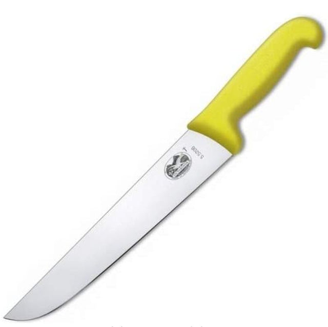 Victorinox 26cm butcher's knife with yellow Fibrox handle, stainless steel blade, ideal for precision meat cutting.