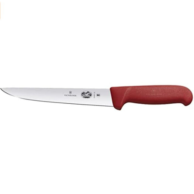 Victorinox 22cm sticking knife with straight back blade and red Fibrox handle, designed for precision in the kitchen.