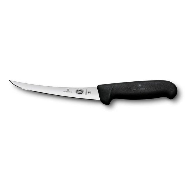 15cm Victorinox boning knife with curved narrow blade and ergonomic Fibro handle for precise meat preparation and safety.