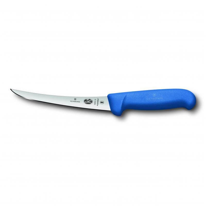 Victorinox 12cm boning knife with a flexible curved blade and ergonomic handle, ideal for precise deboning of meats and fish.