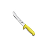 Victorinox 18cm butchers knife with safety nose, stainless steel blade, and ergonomic yellow Fibrox handle for safe cutting.