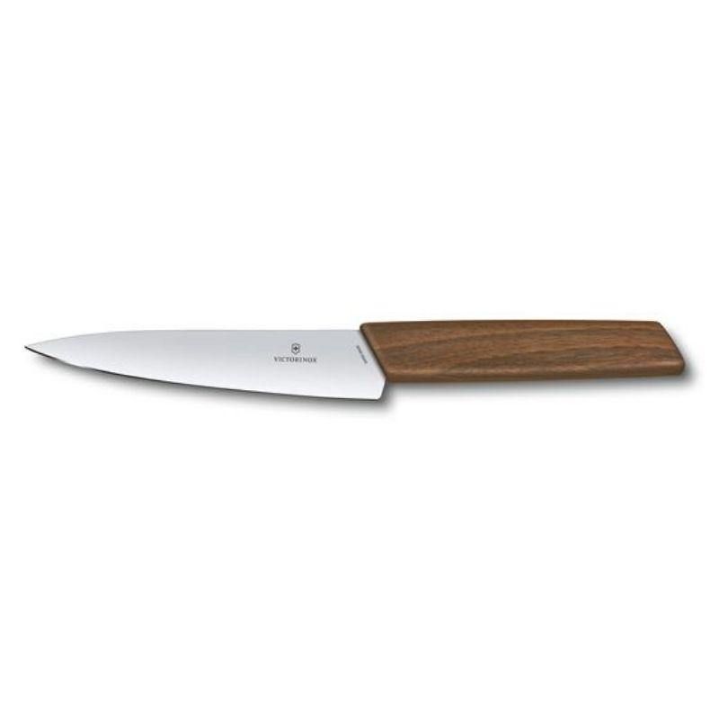 Victorinox Swiss Modern Kitchen Utility Knife with 15cm stainless steel blade and ergonomic walnut handle for versatile cutting.