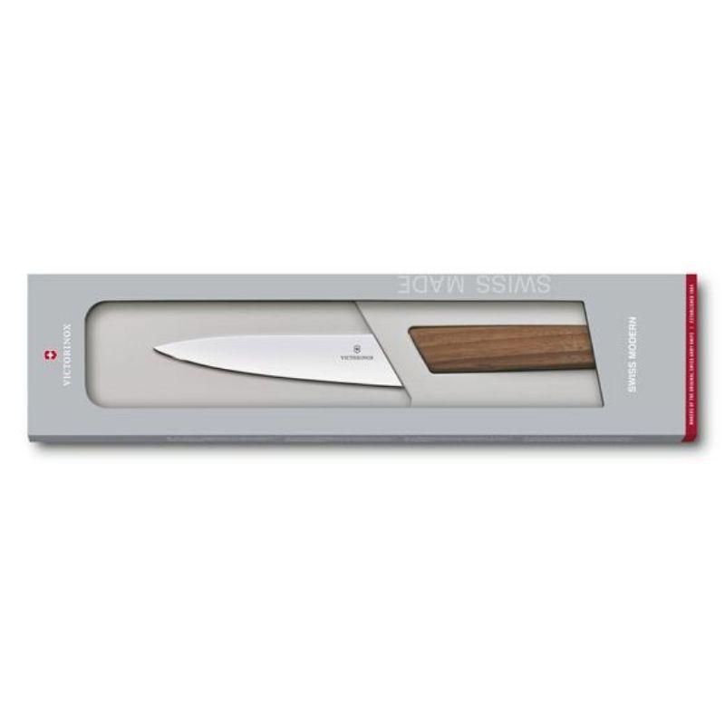 Victorinox Swiss Modern Kitchen Utility Knife 15cm with a stainless steel blade and walnut handle for precise, effortless cutting.