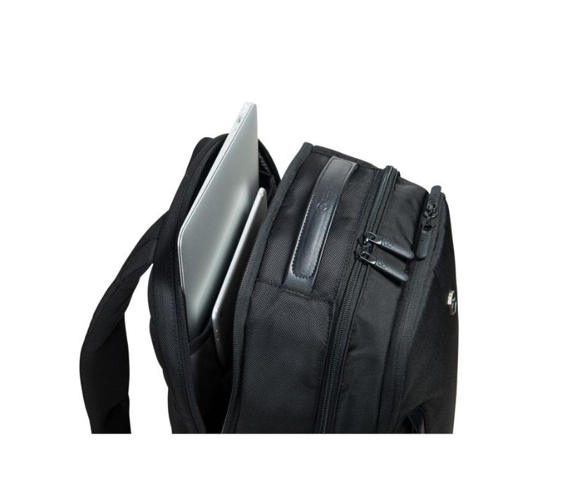 Sleek black laptop backpack with durable polyester, multiple pockets, and a removable organizer for professionals on the go.