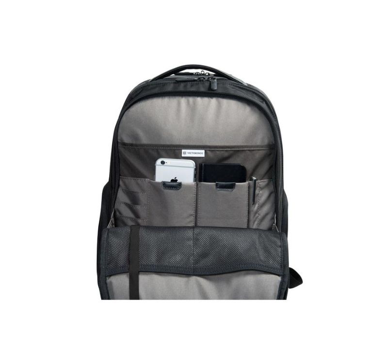 Elegant black laptop backpack with durable polyester, featuring pockets for devices and a removable organizer for professionals.