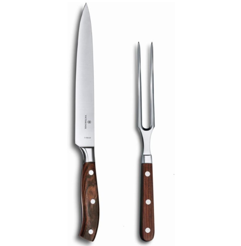 Victorinox Grand Maître 2-piece carving set with rosewood handles, includes knife and fork for elegant meat slicing.