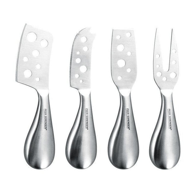 Stainless steel cheese knife set of 4 with acacia wood handles for cutting soft, hard, and crumbly cheeses elegantly.