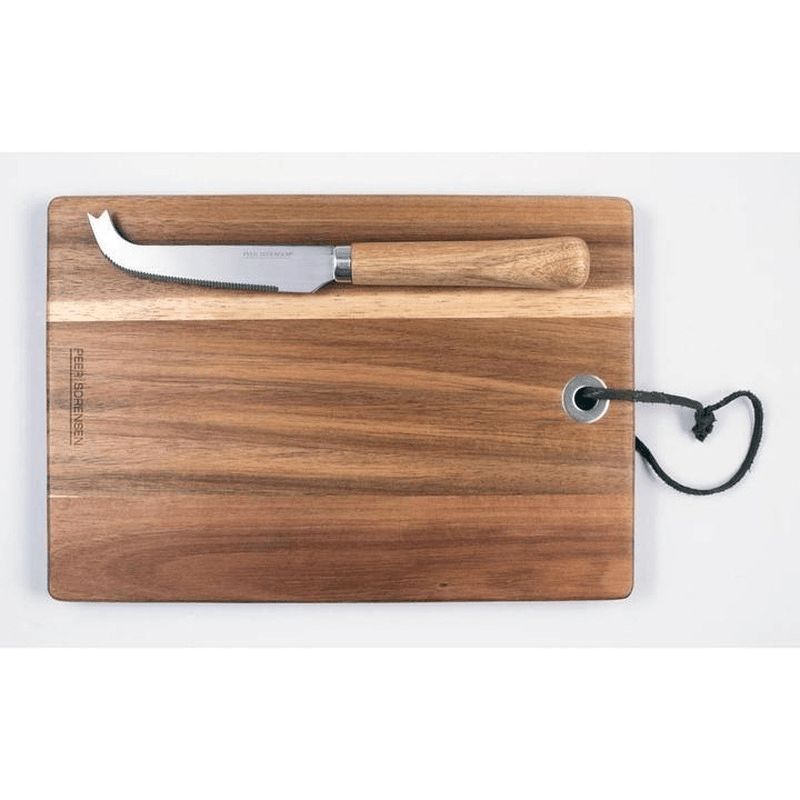 Peer Sorensen rectangular acacia cheese board with stainless steel knife, featuring a modern design and beautiful toned grain.