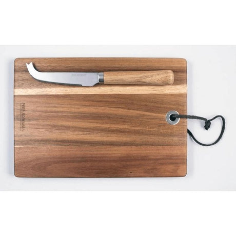 Peer Sorensen rectangular acacia cheese board with stainless steel knife, featuring a modern design and beautiful toned grain.