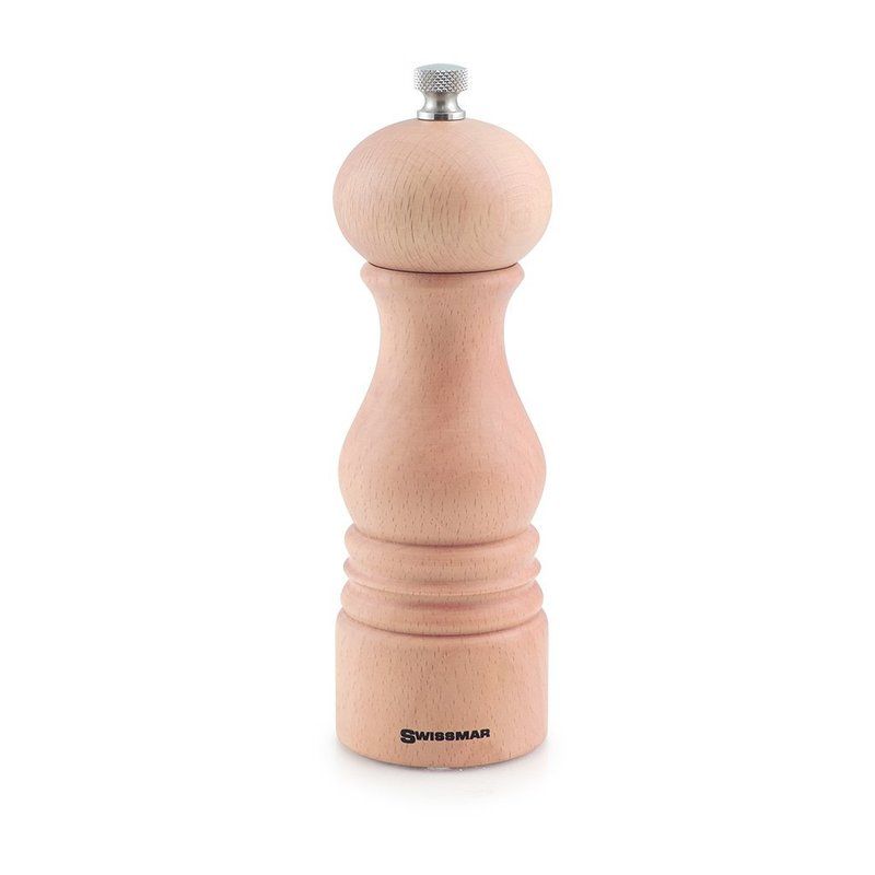 Swissmar Castell 18cm beech wood pepper mill with red mechanism, adjustable grind, and easy refill design for culinary elegance.