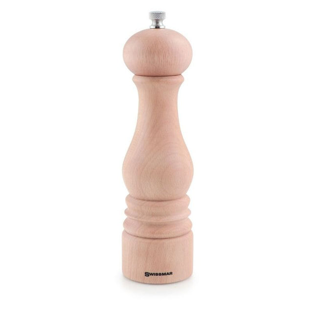 Elegant 22cm Swissmar Castell natural pepper mill with adjustable ceramic grinder, perfect for enhancing flavor in meals.