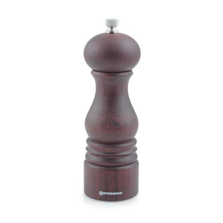 Swissmar Castell 18cm Walnut Pepper Mill featuring a stainless steel shaft and adjustable grind settings. Perfect for any kitchen.