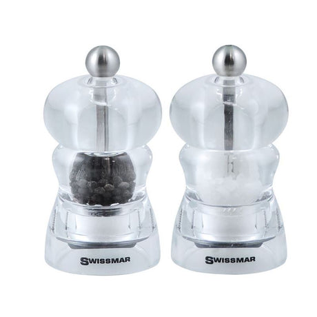 Swissmar Alice 10cm acrylic salt and pepper grinder set with adjustable grind and corrosion-proof ceramic mechanism.