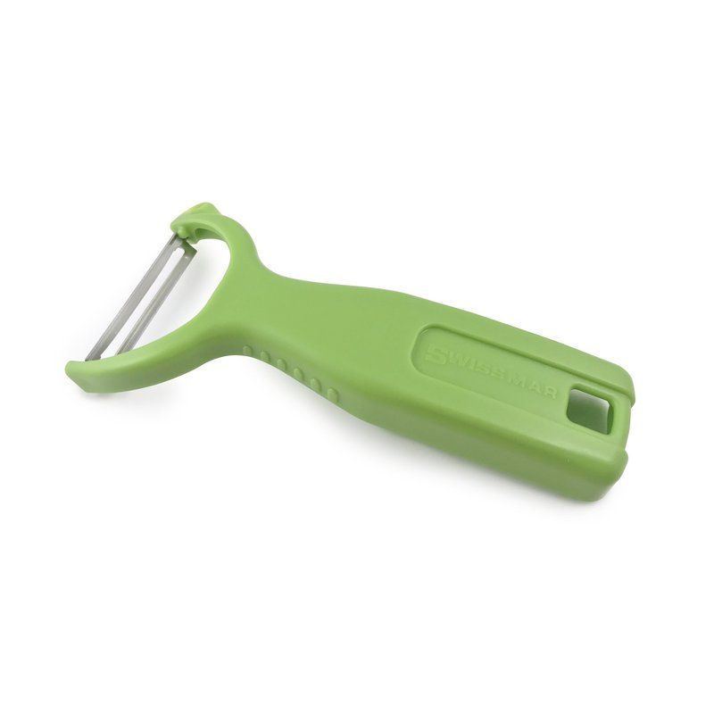 Swissmar Classic Peeler in green with scalpel blade for effortless peeling and integrated side cutter, ergonomic for all hand sizes.