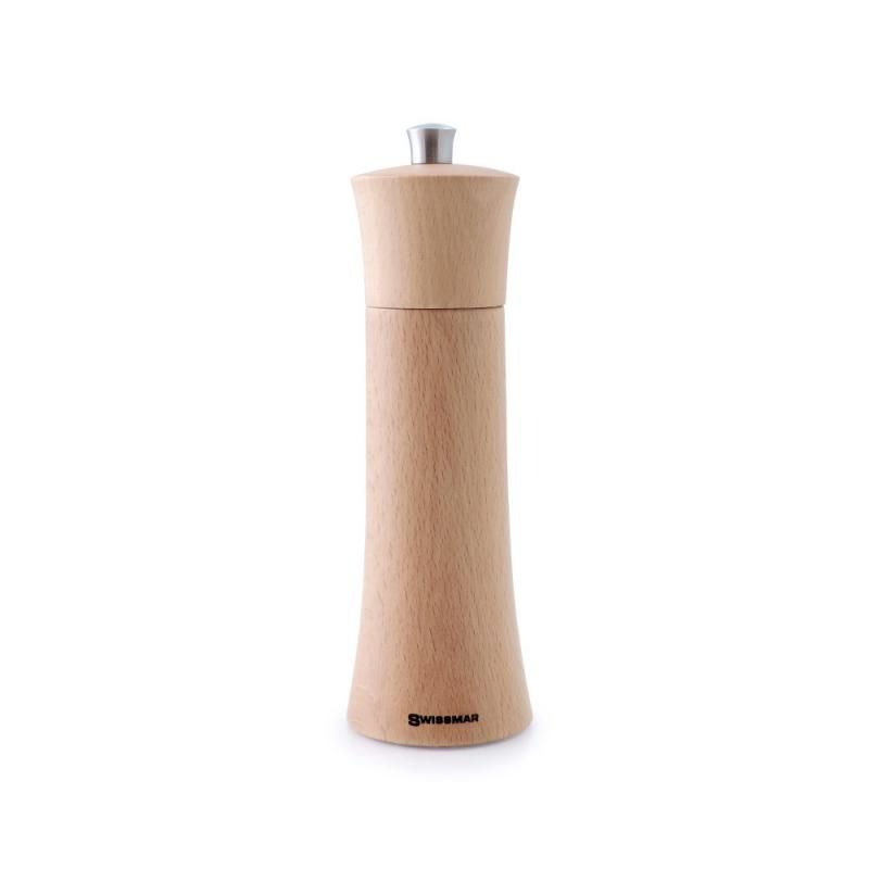 Swissmar Torre Natural Wood Pepper Mill, 20cm, crafted from beechwood, features adjustable grind settings for spices.