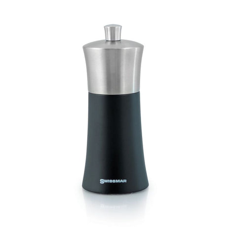 Swissmar Torre 6-inch black matte stainless steel top pepper mill, featuring adjustable grind settings and a ceramic grinder.