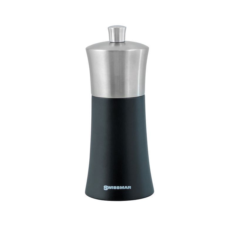 Swissmar Torre salt mill, 6 inches tall, features a black matte finish, stainless steel top, and adjustable ceramic grinder.