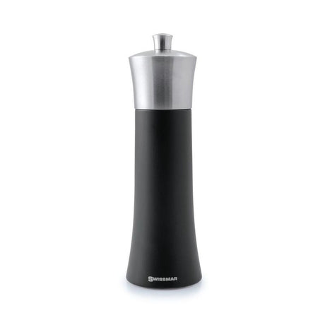 Elegant black matte salt mill with stainless steel top, 20cm tall, crafted from beechwood for precise grinding and style.