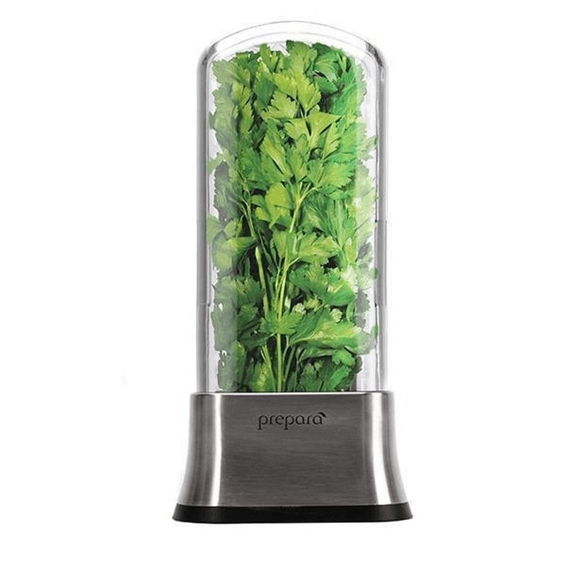 Prepara Stainless Steel Herb Savor with water-well, rinsing basket, and greenhouse for preserving herb freshness up to 3 weeks.