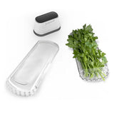 Stainless steel herb keeper with water-well, rinsing basket, and greenhouse; preserves freshness for up to 3 weeks.