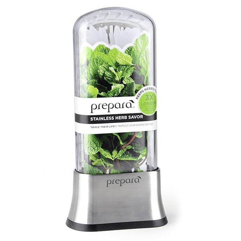 Stainless steel herb keeper with water-well, stylish greenhouse, and rinsing basket for preserving fresh herbs up to 3 weeks.