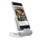 Compact white phone stand with adjustable angles, non-slip grip, and foldable design for easy portability and stability.