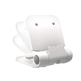 Adjustable white smartphone stand, compatible with all devices, featuring a weighted base and four viewing angles for stability.