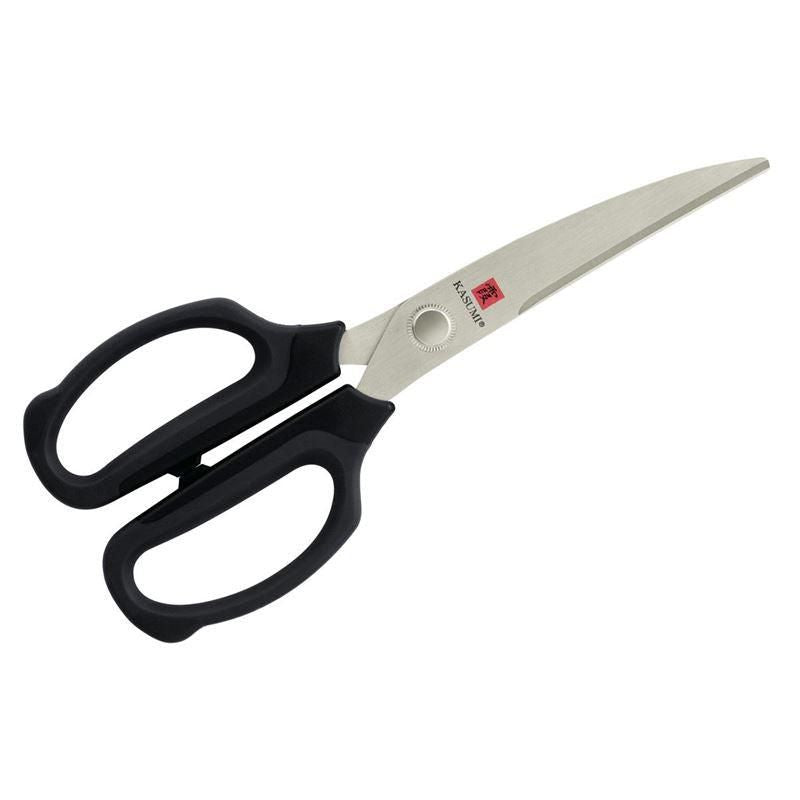 Kasumi Stainless Steel Kitchen Shears with ergonomic handles and micro-serrated blades for precise cutting of various foods.