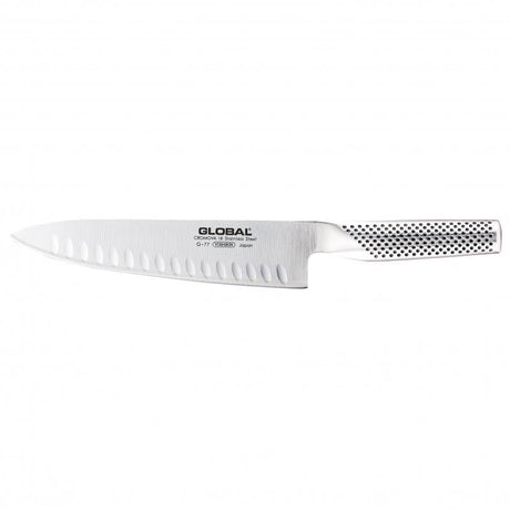 Global G-77 20cm cooks knife with fluted blade, crafted from CROMOVA 18 stainless steel for superior slicing and durability.