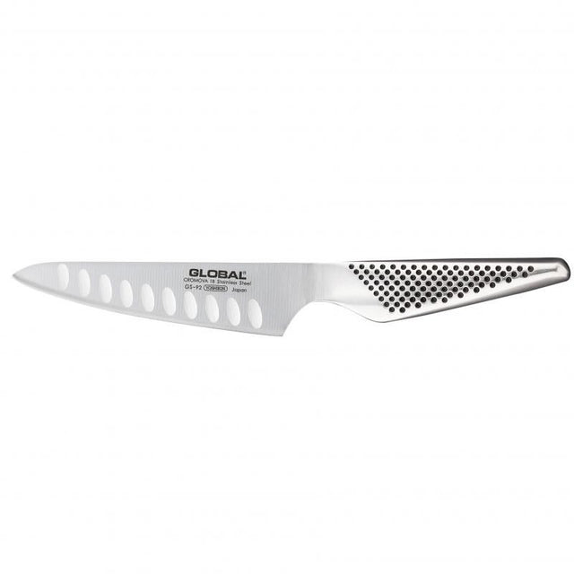 Global GS-92 13cm Cooks Knife Fluted, made from CROMOVA 18 stainless steel, ideal for precision slicing and chopping.