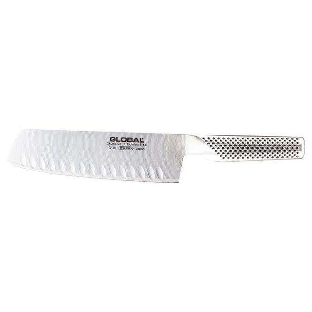 Global Vegetable Fluted Knife 18cm: Japanese Nakiri with hollow ground edge for effortless vegetable chopping.