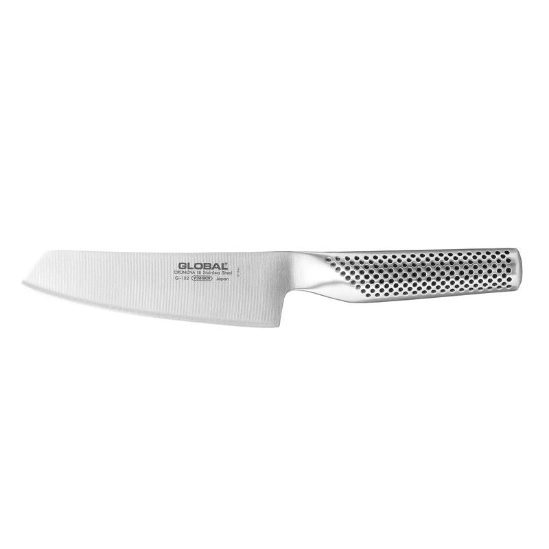 Global Vegetable Knife in silver stainless steel featuring a sharp 15-degree edge and ergonomic handle for precise cutting.