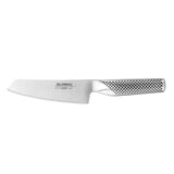 Global Vegetable Knife in silver stainless steel featuring a sharp 15-degree edge and ergonomic handle for precise cutting.