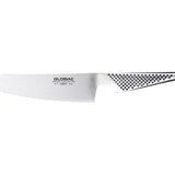 Global Vegetable Knife in silver stainless steel, featuring a sharp 15-degree edge and ergonomic handle for easy vegetable prep.