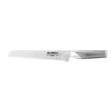 Global Bread Knife 20cm with serrated edge, ergonomic design, and balanced handle for effortless slicing of bread and bagels.