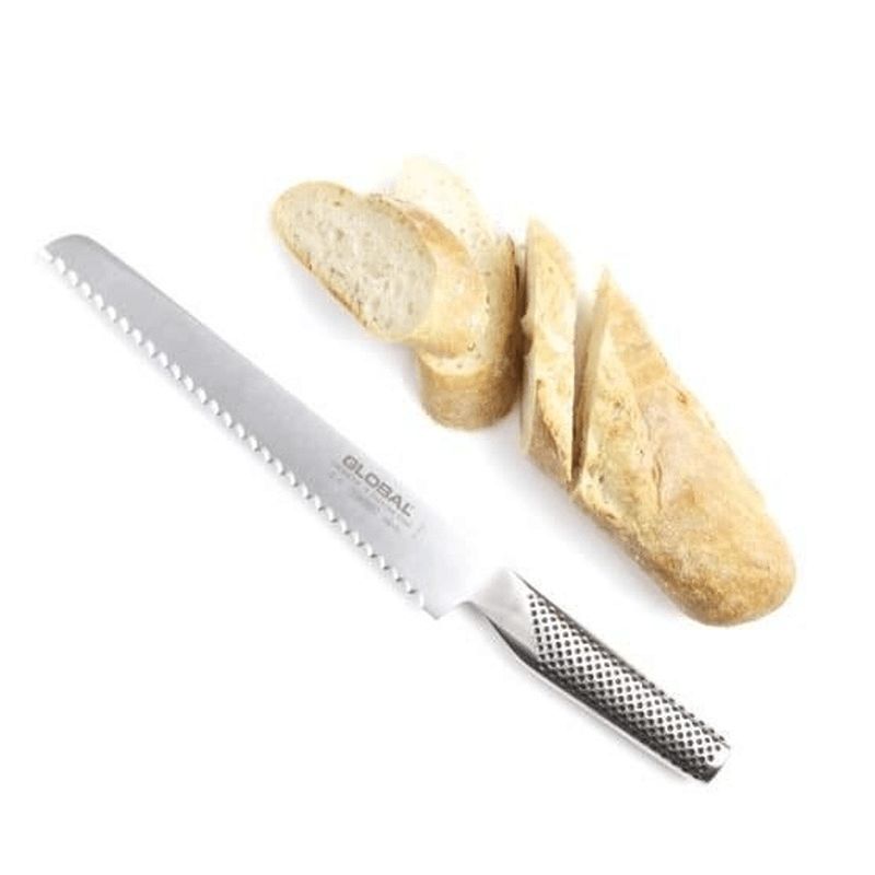 Global Bread Knife 20cm with serrated blade, designed for precise slicing of bread and bagels, featuring an ergonomic grip.