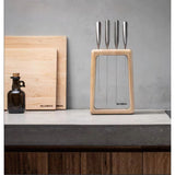 Global Hashira Knife Block in maple wood showcases 5 precision knives with a clear acrylic side for elegant display.