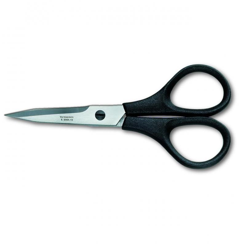 Compact 10cm Victorinox scissors with stainless steel blades and ergonomic handles, perfect for precision cutting at home or work.