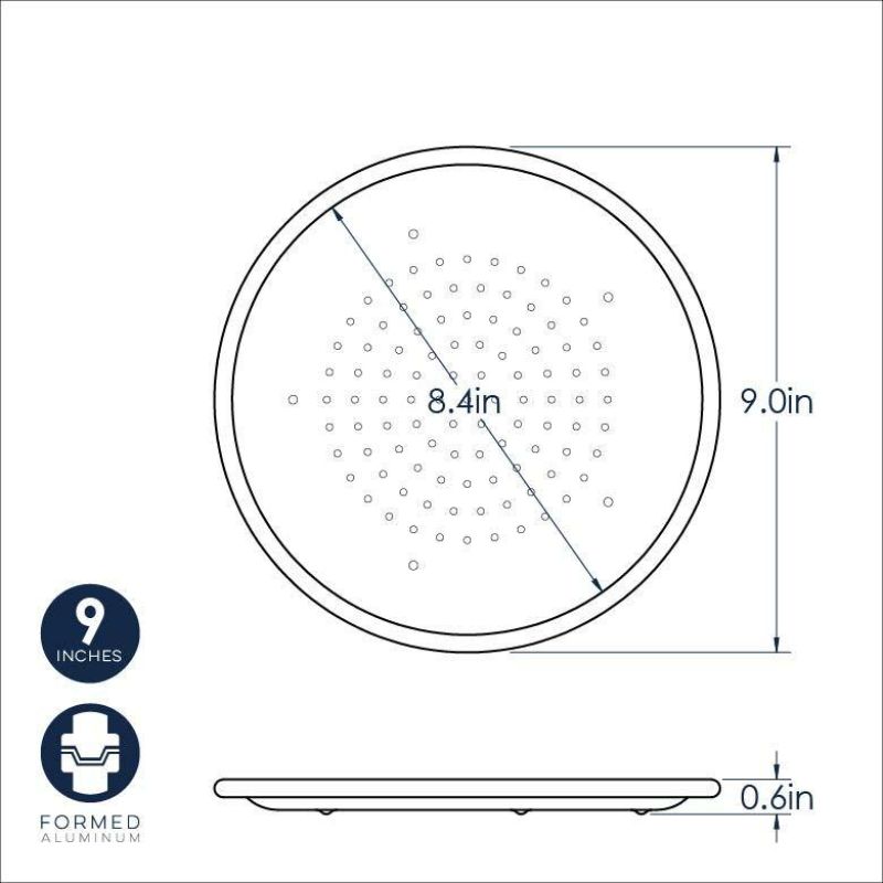 Nine-inch Nordic Ware pizza crisper with perforations for crispy crusts, ideal for personal pizzas and versatile cooking.