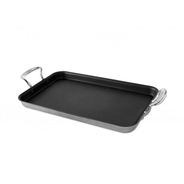 Nordic Ware Two Burner High-Sided Griddle with nonstick coating, high sides for easy cooking, and elegant riveted cast handles.