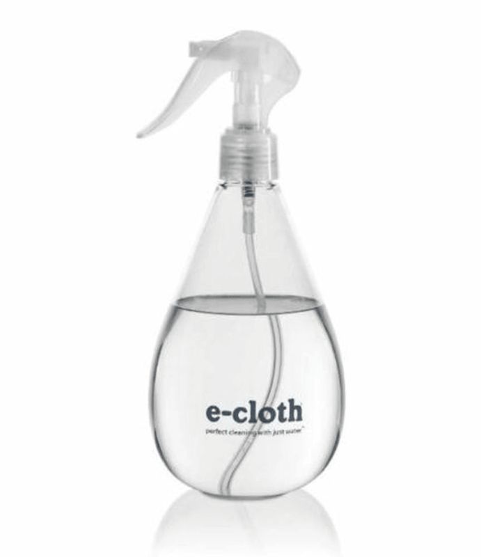 Clear E-Cloth spray bottle with adjustable nozzle, holds 17.5 oz of water for efficient cleaning with microfiber products.