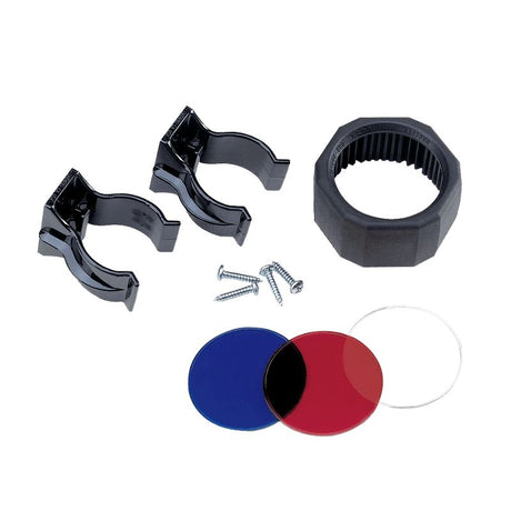 Maglite accessory pack with colored lenses and anti-roll device for enhanced flashlight functionality and stability.