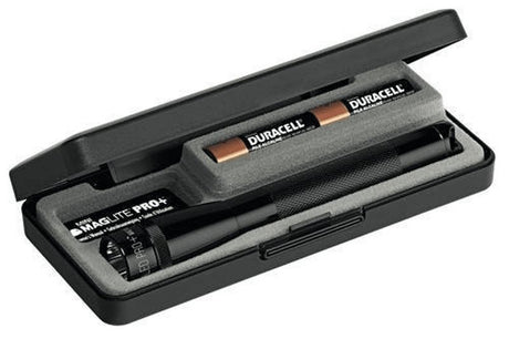 Maglite 2 AA LED Pro Flashlight in black box, featuring 332 lumens, IPX4 water-resistance, and twist-to-focus design.
