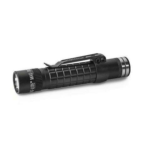 Maglite MagTac LED rechargeable flashlight with rugged aluminum body, crowned bezel, multiple power settings, and USB charging base.